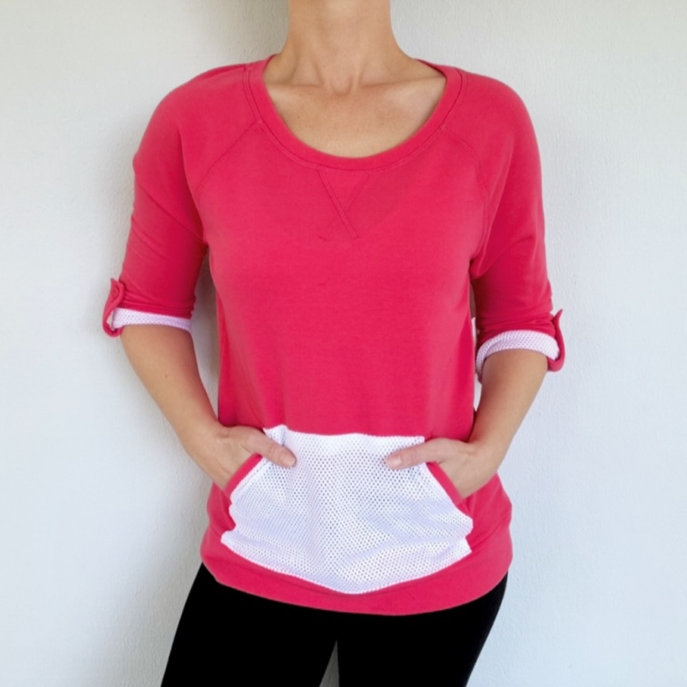 Coral Bay pink white mesh pouch pocket crop sleeve cotton top size small - Picture 2 of 15